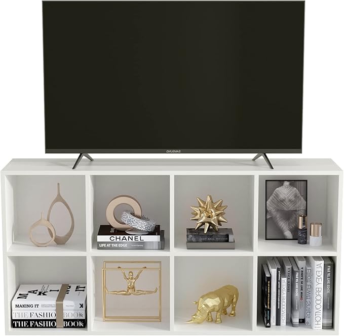 8-Cube Storage Shelf Bookcase - Wooden 4-Tier Floor Standing Open Bookshelf, Modern TV Stand up to 55 Inchs for Home and Office, Warm White-CasaMuseHome