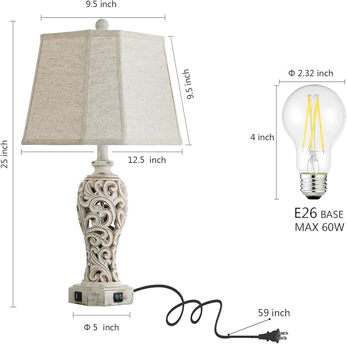 25'' Farmhouse Table Lamp for Living Room Bedroom, 2 USB Ports Vintage Rustic Nightstand Desk Lamp with Nightlight, White Hollow Out Resin Lamp for End Table (Bulb Included)-CasaMuseHome