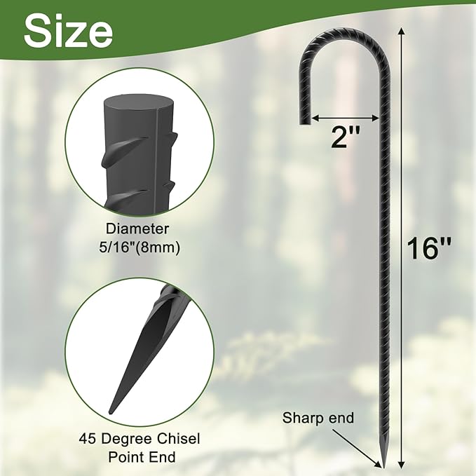 16" Ground Rebar Stakes Heavy Duty J Hook Ground Anchors, 5/16 inch Curved Steel Tent Stakes Anti Rust Steel Ground Stakes for Chain Link Wire Fencing, Pack of 40, Black-CasaMuseHome