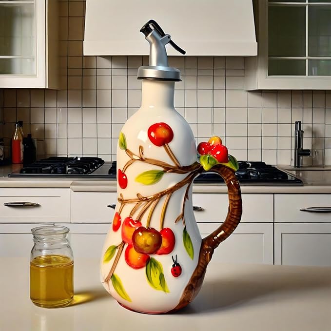 18 Oz Hand Painted Relief Ceramic Olive Oil Bottle Dispenser for Kitchen, Oil and Vinegar Bottle, Seasoning Bottle with Stainless Steel Nozzle, 540mL Oil Container with Handle for Cooking, Light Proof-CasaMuseHome