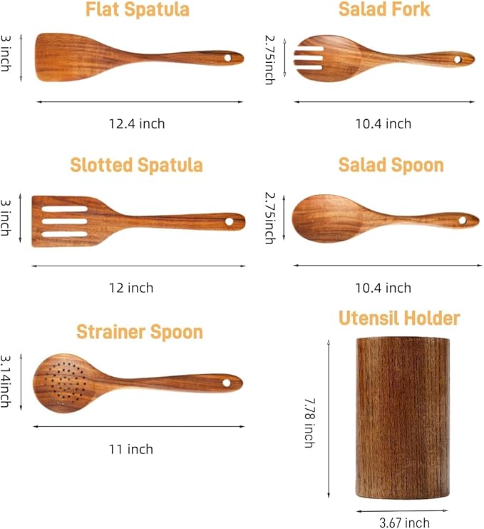 6 PCS Wooden Spoons for Cooking - Teak Wooden Cooking Utensils Set with Holder - Non-Stick, Soft Grip, Ergonomic Design - Natural Finish-CasaMuseHome