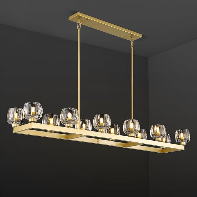 59 Inch Brass Rectangle Wagon Wheel Chandeliers, Gold Chandelier for Dining Room Over Table, Modern Crystal Long Chandelier, Farmhouse Large Linear Chandeliers for Kitchen Island-CasaMuseHome