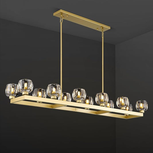 59 Inch Brass Rectangle Wagon Wheel Chandeliers, Gold Chandelier for Dining Room Over Table, Modern Crystal Long Chandelier, Farmhouse Large Linear Chandeliers for Kitchen Island-CasaMuseHome