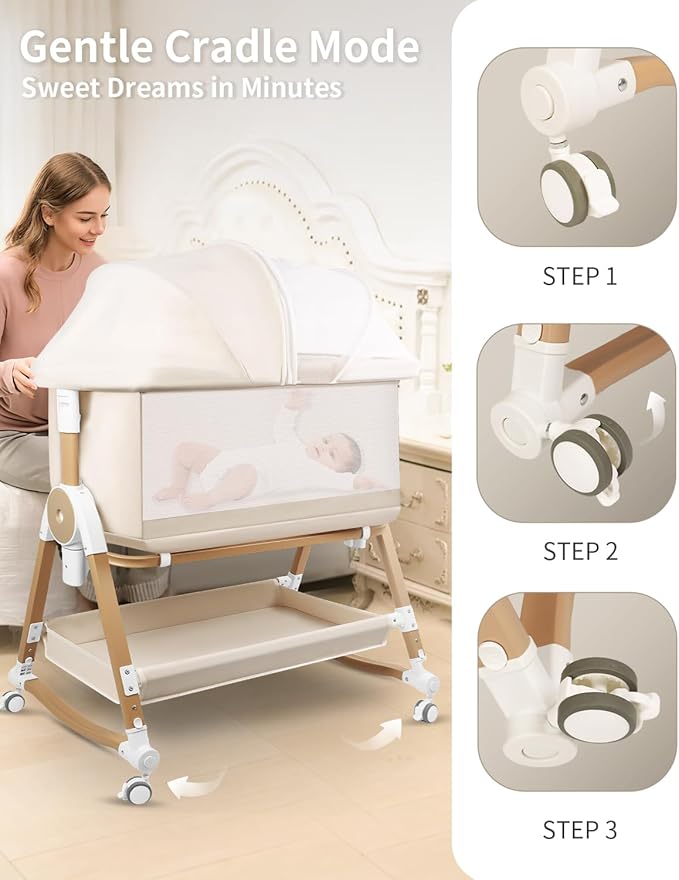4 in 1 Baby Bassinet, Bassinets Bedside Sleeper with Wheels and Storage Basket, Adjustable 7 Heights Bedside Sleeper with Mosquito Net, Breathable Mesh Rocking Bassinet for Baby-CasaMuseHome