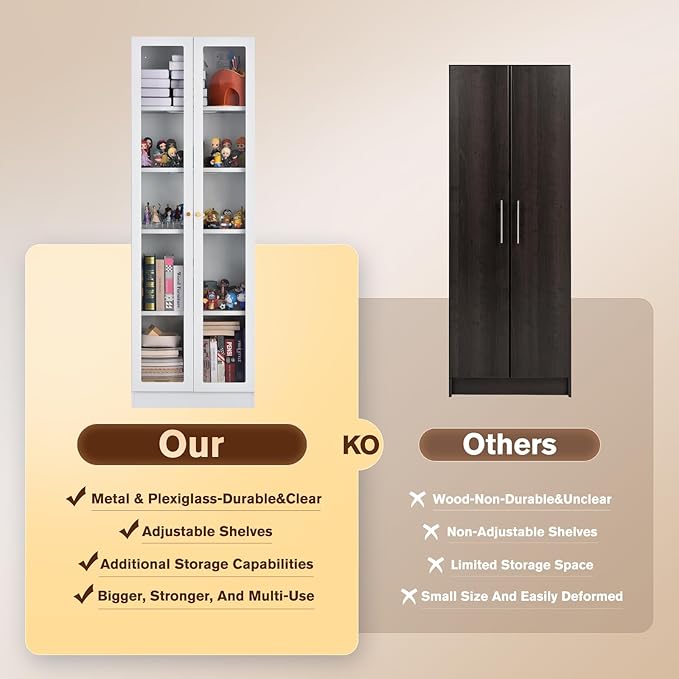 5 Tier Metal Curio Cabinets, Modern Bookshelf Cabinet with 4 Adjustable Shelves, Cabinet Display Case for Home Office, Living Room, Pantry (White-23.54W)-CasaMuseHome