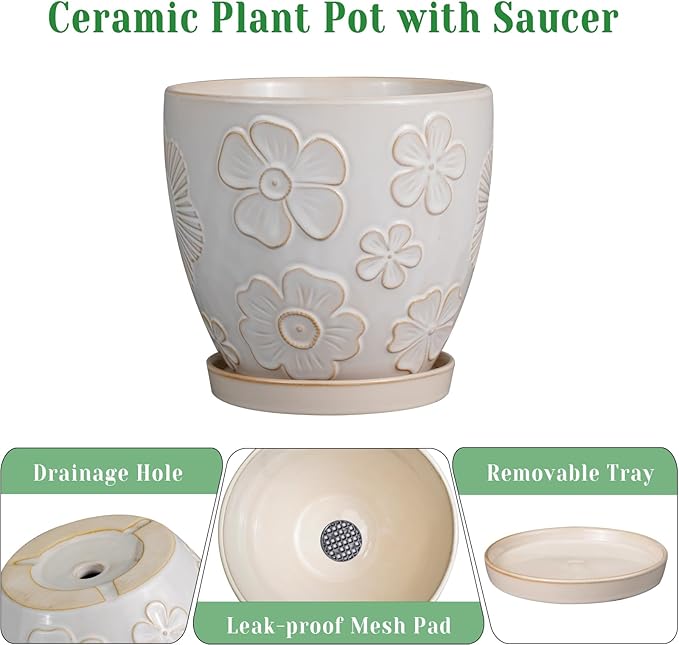 6.9 Inch Plant Pot with Drainage Hole and Saucer Ceramic Planter for Indoor Plant Flower Pot for Orchid Succulents Plants White-CasaMuseHome