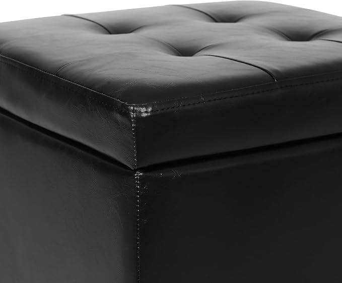 Adeco 17.7" Leather Ottoman with Wheels, Black Square Rolling Ottoman with Storage, Upholstered Button Tufted Vanity Stool with Hinged Lid for Living Room, Bedroom, Dorm-CasaMuseHome
