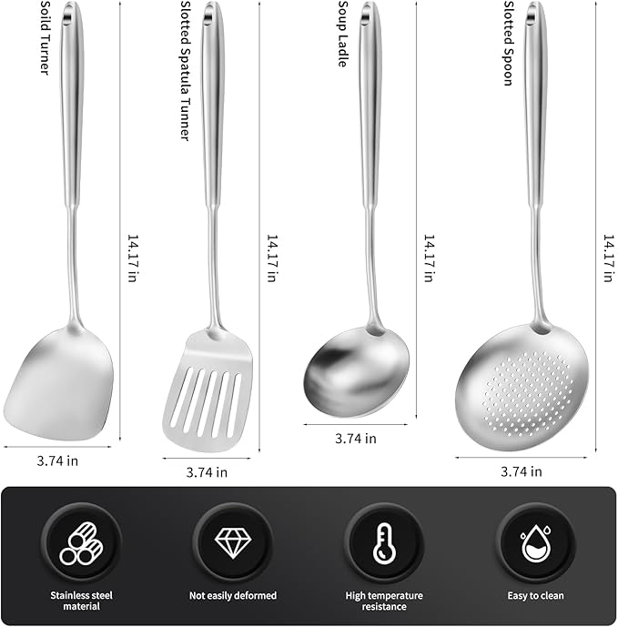 15" Wok Spatula and Ladle,Skimmer Spoon, Slotted Turner Spatula,304 Stainlss Steel Matte Kitchen Utensils Set,4PCS Wok Accessories,Cooking Utensils Tools-CasaMuseHome