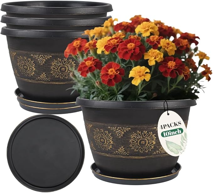 4 Pack 10 inch Plant Pots, Retro Pattern Planters with Drainage Holes and Saucer, Sturdy Plastic Garden Flower Pots for Indoor & Outdoor Plants-CasaMuseHome
