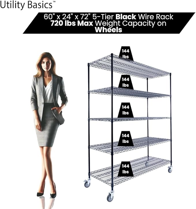 60"x24"x72" Black 5-Tier Premium Metal Wire Shelving NSF 4000 LBS MAX Capacity Heavy Duty Steel Storage Rack for Warehouse, Garage, Hospital, Commercial Space & School w/Premium Wheels-CasaMuseHome