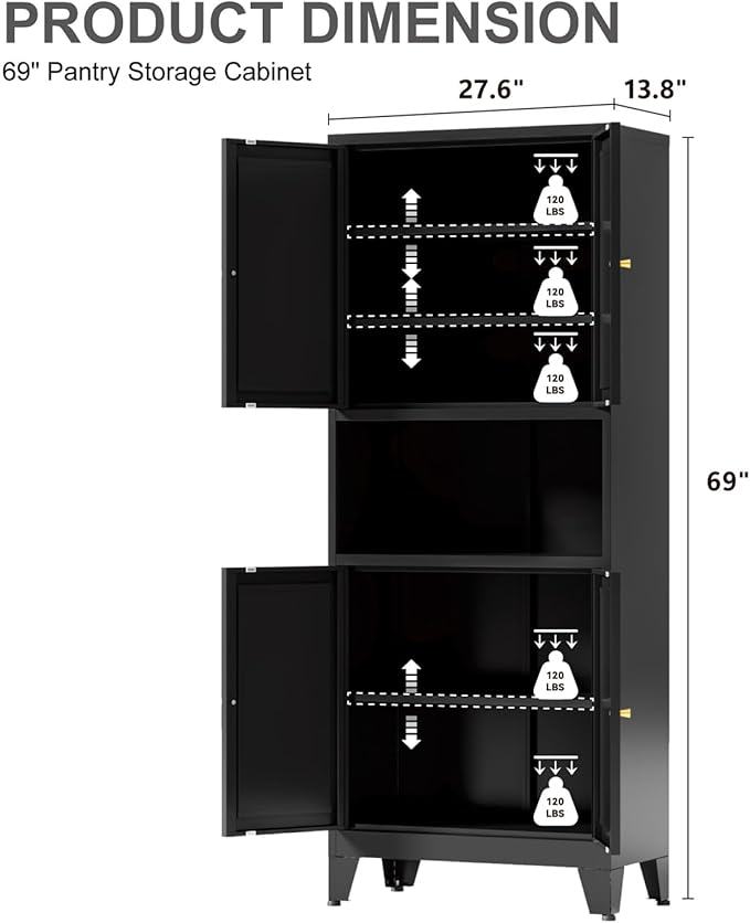 69" Tall Kitchen Pantry Cabinet, Metal Storage Cabinet with 4 Doors and Adjustbale Shelves, Freestanding Cupboards for Dining Room, Living Room, Bathroom-CasaMuseHome