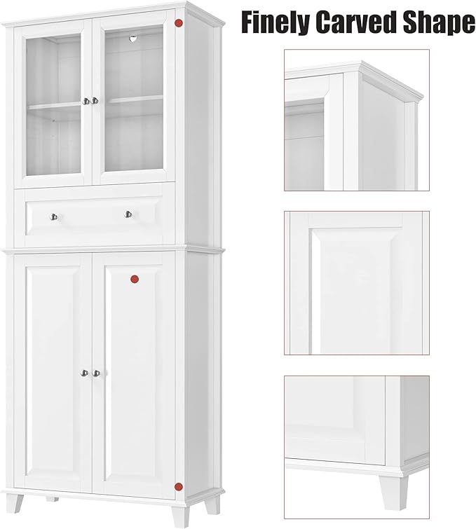 76'' Kitchen Pantry Storage Cabinet, Freestanding Kitchen Cupboard with Large Drawer, Doors, and Adjustable Shelves, Bathroom Storage Cabinet for Dining Room, Living Room, Laundry, White-CasaMuseHome