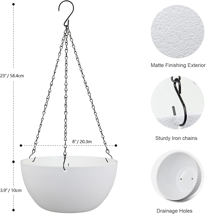 8 inch Small Hanging Planters for Indoor Outdoor Plants, 2 Pack Hanging Flower Pots with Drainage Holes and Chain for Garden Porch Plants, Plastic Hanging Baskets for House Plants, White-CasaMuseHome