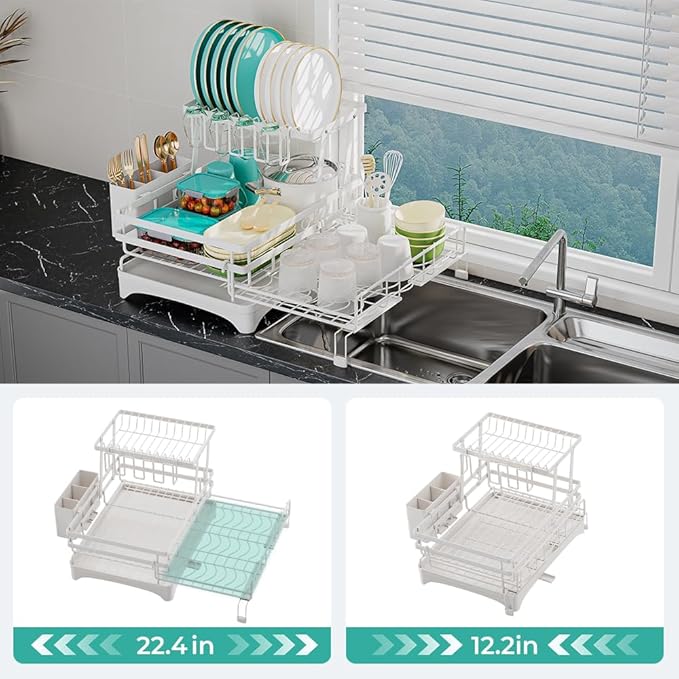 2 Tier Large Dish Drying Rack - Extendable Dish Rack, 2-in-1 Anti-Rust Stainless Steel Dishrack for Kitchen Counter and Sink, Dish Strainer with Utensil Holder & Cup Holder(White)-CasaMuseHome
