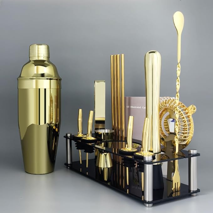 14-Piece Cocktail Shaker Set Bartender Kit with Black Stand, Bar Tool Set for Drink Mixing Bartending Kit Bar Sets Accessories: 750ml(25oz) Shaker, Jigger, Muddler, Cocktail Recipes (Gold)-CasaMuseHome