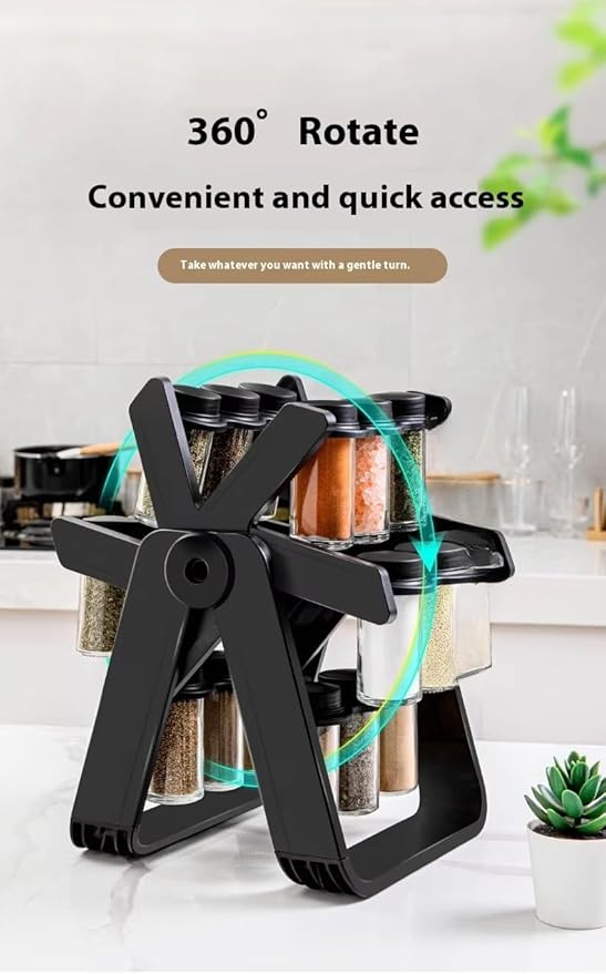 A&K's Rotating Spice Rack Organizer, 18 Glass Jars, 360-Degree Turntable, Black, Comes with Spice Label Stickers, Funnel, and Water Pen. Best for Kitchen Organization, Countertop, Pantry, and Cabinet.-CasaMuseHome