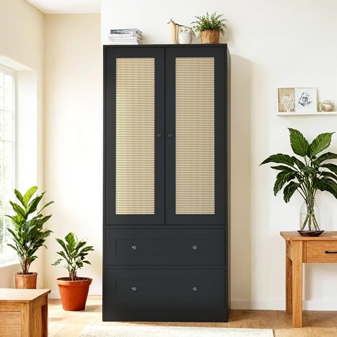 64.2" Tall Rattan Black Kitchen Pantry, Storage Cabinet with Doors and Drawers, Freestanding Wooden Organizer for Kitchen, Dining Room-CasaMuseHome
