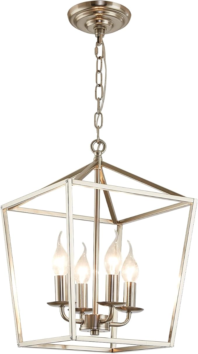 4-Light Brushed Nickel Farmhouse Chandelier, 12" Industrial Ceiling Light Lantern Pendant Light with Metal Cage Adjustable Height Rustic Hanging Light E12 Base for Kitchen Island Dining Room Entryway-CasaMuseHome