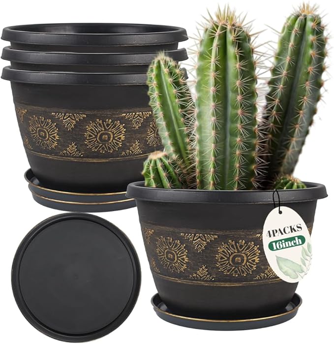 4 Pack 16 inch Plant Pots, Retro Pattern Planters with Drainage Holes and Saucer, Sturdy Plastic Garden Flower Pots for Indoor & Outdoor Plants-CasaMuseHome