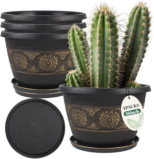 4 Pack 16 inch Plant Pots, Retro Pattern Planters with Drainage Holes and Saucer, Sturdy Plastic Garden Flower Pots for Indoor & Outdoor Plants-CasaMuseHome