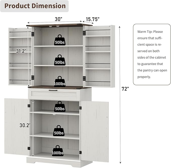 72'' Kitchen Storage Pantry Cabinet, Tall Storage Cabinet with 8 Door Shelves, 2 Cabinets and 1 Drawer, Freestanding Cupboard for Kitchen, Dining Room, Bathroom, Laundry, Off White-CasaMuseHome