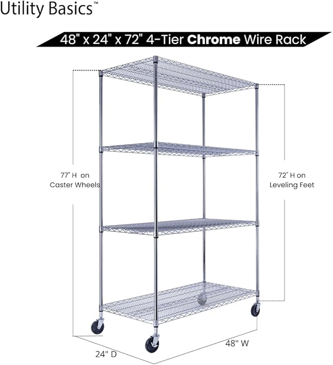 48"x24"x72" Chrome Premium Metal Steel Wire Shelving 4-Tier NSF 3200 LBS MAX Capacity Heavy Duty Storage Rack for Garages, Commercial Spaces, Hospitals, & Schools w/Premium Wheels-CasaMuseHome