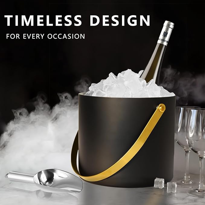 4L Ice Bucket with Silicone Lid, Scoop, Gold Tongs & Strainer, Stainless Steel Double Wall Insulated Ice Buckets for Parties & Cocktail Bar Outdoor Champagne Ice Container Bin, Black-CasaMuseHome