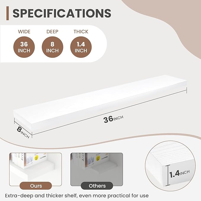 36 Inch Floating Shelves, 8 Inch Deep Floating Shelves for Wall, Hanging Shelf with Invisible Brackets, Deep Shelves for Bathroom, Bedroom, Living Room, White, Set of 2-CasaMuseHome