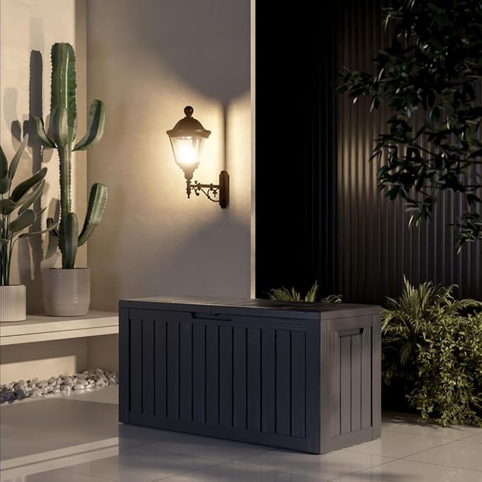 80 Gallon Deck Box, Outside Storage Box Waterproof for Outdoor Cushion Storage, Garden Tools, Resin Outdoor Storage Box, Black-CasaMuseHome