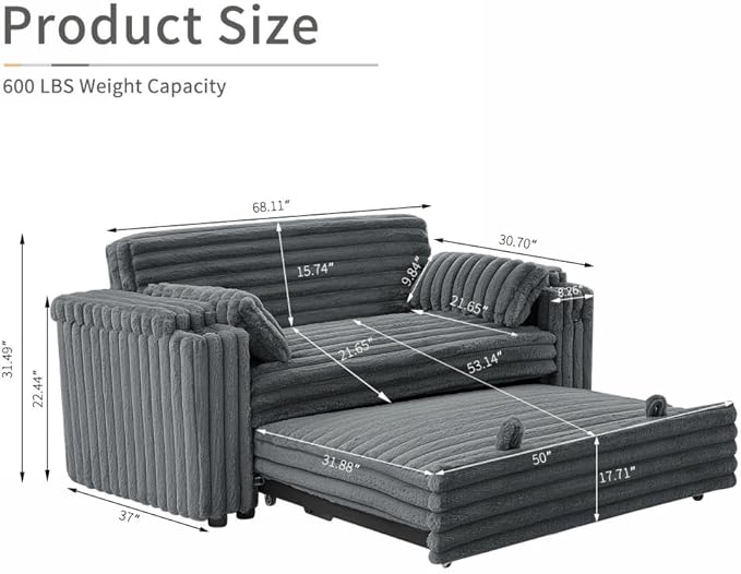 68.11" Corduroy Convertible Sofa Bed with USB Charging Port, Foldable Sleeper Chair with Pillows & Armrests, 3-in-1 Floor Couch for Living Room, Bedroom, Guest Room – Dark Gray-CasaMuseHome