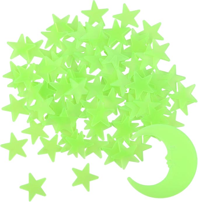 100 Stars and 1 Moon Glow in The Dark Luminous Fluorescent 3D Plastic Glow Stars Moon for Ceiling, Glowing Wall Stickers Create a Realistic Starry Sky, Room Decorations (Green)-CasaMuseHome