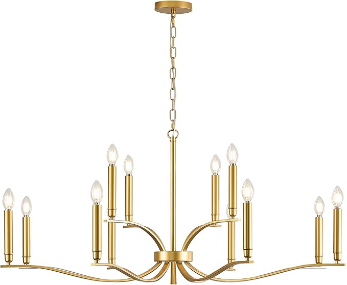 12 Light Gold Living Room Chandelier High Ceiling Foyer Candle Chandelier Large Modern Brass 44in Metal Chandeliers Hanging Light for Master Bedroom Dining Room Light Fixture Over Table-CasaMuseHome