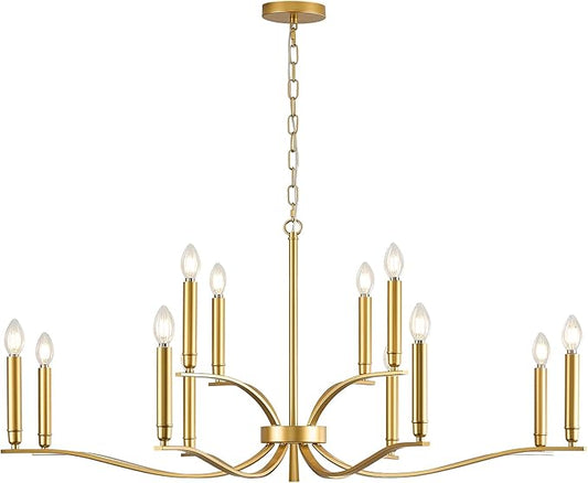 12 Light Gold Living Room Chandelier High Ceiling Foyer Candle Chandelier Large Modern Brass 44in Metal Chandeliers Hanging Light for Master Bedroom Dining Room Light Fixture Over Table-CasaMuseHome