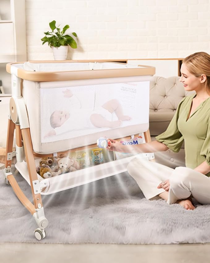 4 in 1 Baby Bassinet, Bassinets Bedside Sleeper with Wheels and Storage Basket, Adjustable 7 Heights Bedside Sleeper with Mosquito Net, Breathable Mesh Rocking Bassinet for Baby-CasaMuseHome