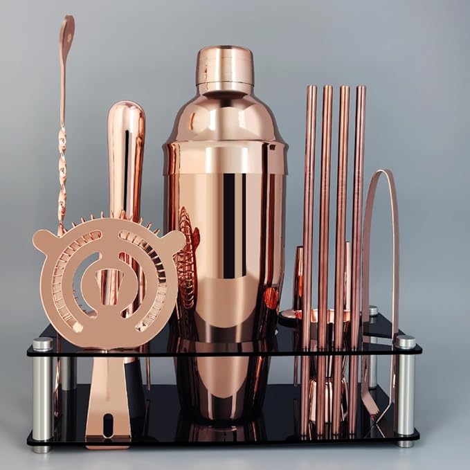 14-Piece Cocktail Shaker Set Bartender Kit with Black Stand, Bar Tool Set for Drink Mixing Bartending Kit Bar Sets Accessories: 750ml(25oz) Shaker, Jigger, Muddler, Cocktail Recipes (Rose Gold)-CasaMuseHome
