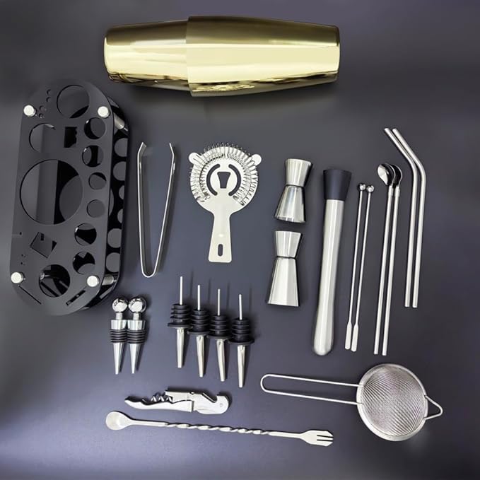 22-Piece Cocktail Shaker Set, 25/20oz Bartender Kit, Bartending Stainless Steel Bar Tools Sets for Drink Mixing, Boston Cocktail Shakers with Stand Recipes Booklet (Rose Copper-25-20oz)-CasaMuseHome