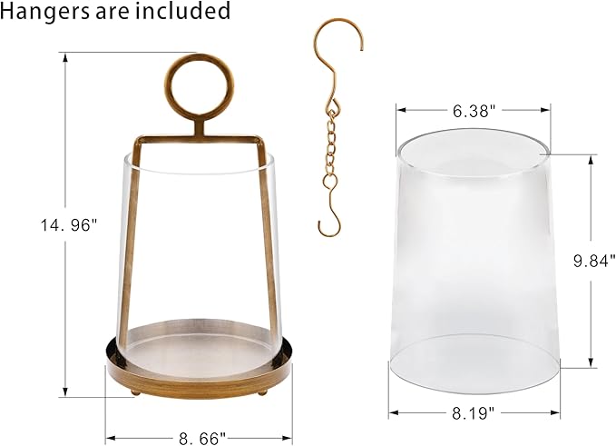 9" Wide Modern Farmhouse Metal Hurricane Candle Holder with Handmade Sturdy Glass Sleeve in Antique Brass for Pillar Candle & Plants, Hurricane Lantern, Industrial, Minimalistic (1, Brass, 9"x14")-CasaMuseHome