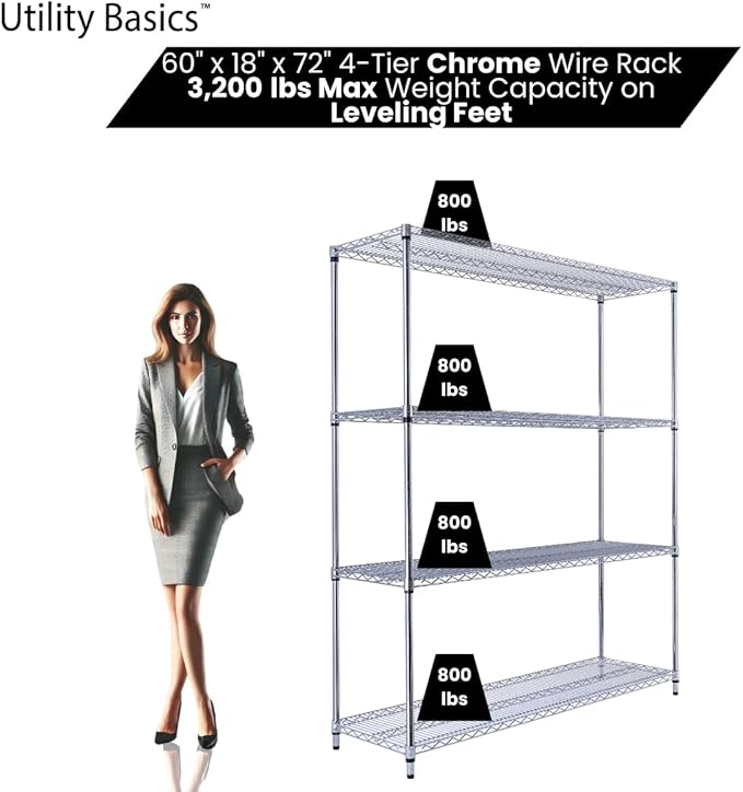 60"x18"x72" Chrome Premium Metal Steel Wire Shelving 4-Tier NSF 3200 LBS MAX Capacity Heavy Duty Storage Rack for Garages, Commercial Spaces, Hospitals, & Schools w/Premium Wheels-CasaMuseHome