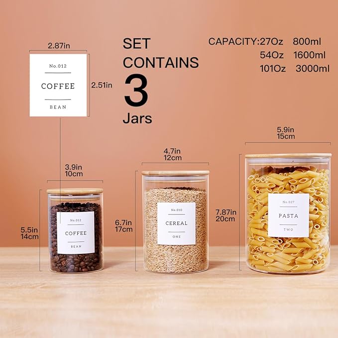 3 Pcs Glass Canisters with Airtight Bamboo Lids and 42 Kitchen Pantry Labels Preprinted - Clear Glass Flour and Sugar Storage Container Set - Large Glass Jars with Wood Lids(100 OZ/54 OZ/27 OZ)-CasaMuseHome