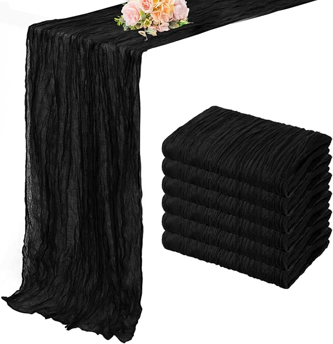 10FT 6 Pack Black Cheesecloth Table Runner 20 x 120 Inch Long Boho Fabric Rustic Cheese Cloth Table Runner for Wedding Bridal Shower Baby Shower Gauze Sheer Birthday Party Table Decorations-CasaMuseHome