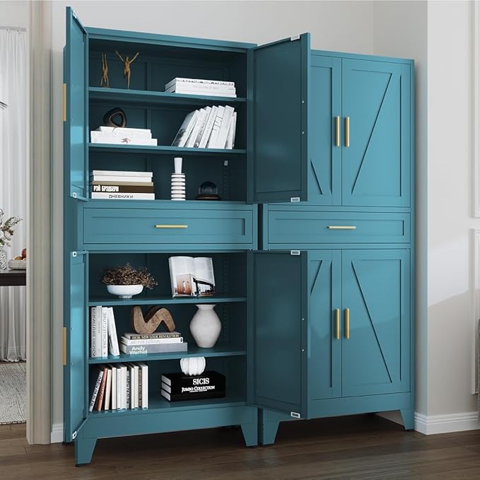 71 "Farmhouse Metal Filing Cabinet with a Drawer and 4 Adjustable Shelves, with 4 Large barn Door White Kitchen Cabinets, Metal Food Cabinets for Home, Kitchen, Dining/Living Room (Peacock Blue)-CasaMuseHome