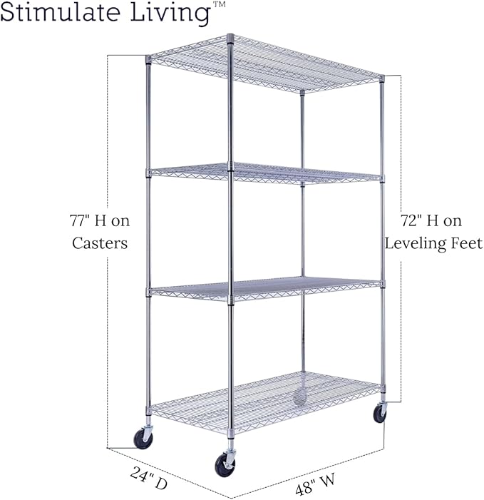 48"x24"x72" Prime Heavy Duty Chrome 4-Tier Wire Shelving NSF 3200 LBS MAX Capacity Storage Rack for Commercial, Hospital, School, Garage, and Kitchen Uses (with Wheels)-CasaMuseHome