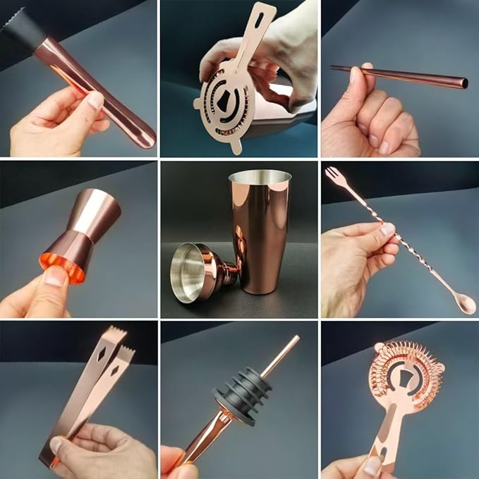 14-Piece Cocktail Shaker Set Bartender Kit with Black Stand, Bar Tool Set for Drink Mixing Bartending Kit Bar Sets Accessories: 750ml(25oz) Shaker, Jigger, Muddler, Cocktail Recipes (Rose Gold)-CasaMuseHome