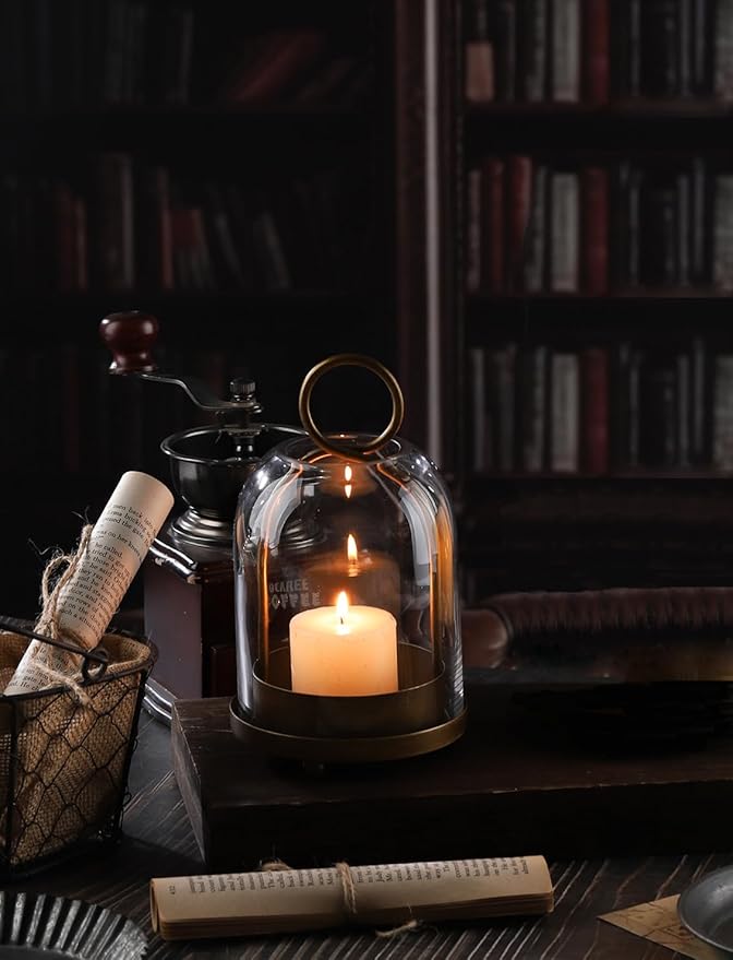 7.5" High Versatile Modern Metal Hurricane Lantern with Handmade Sturdy Glass Dome for 2" Pillar Candle & Plants (Brass, 4" x7.5)-CasaMuseHome