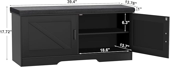 2-Tier Storage Bench, Shoe Bench with Padded Seat Cushion, Entryway Bench with 2 Barn Doors, Adjustable Shelf, 13.8" D x 39.4" W x 17.7" H, for Entryway, Living Room, Bedroom, Black-CasaMuseHome