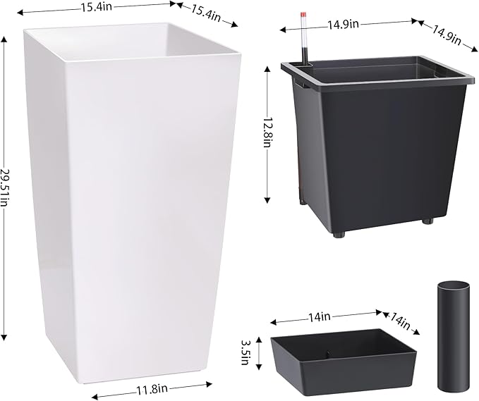 30" Tall Planters Set of 2, Outdoor＆Indoor Black Planter Pots, High Front Porch Planter Pots with Drainage Holes＆Water Level Monitor Movable Wheels ＆Inner Bucket, Automatic Watering, White-CasaMuseHome