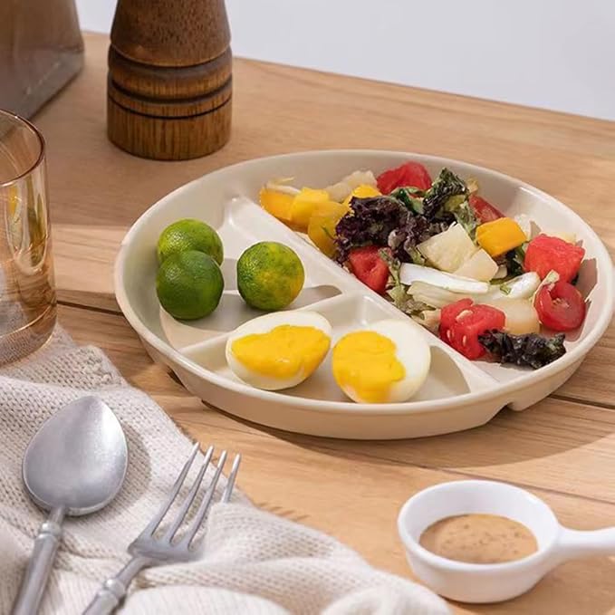 9" Unbreakable Divided Plates Set of 5, Wheat Straw Plate Reusable Dinnerware Portion Control Plate, Round Bariatric Plastic Plate for Kids Adults, BPA-free, Dishwasher Safe-CasaMuseHome