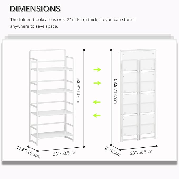 4NM No Assembly Foldable Bookshelf, 4-Shelf Collapsible Bookcase Storage for Small Spaces, 54" H, All White-CasaMuseHome