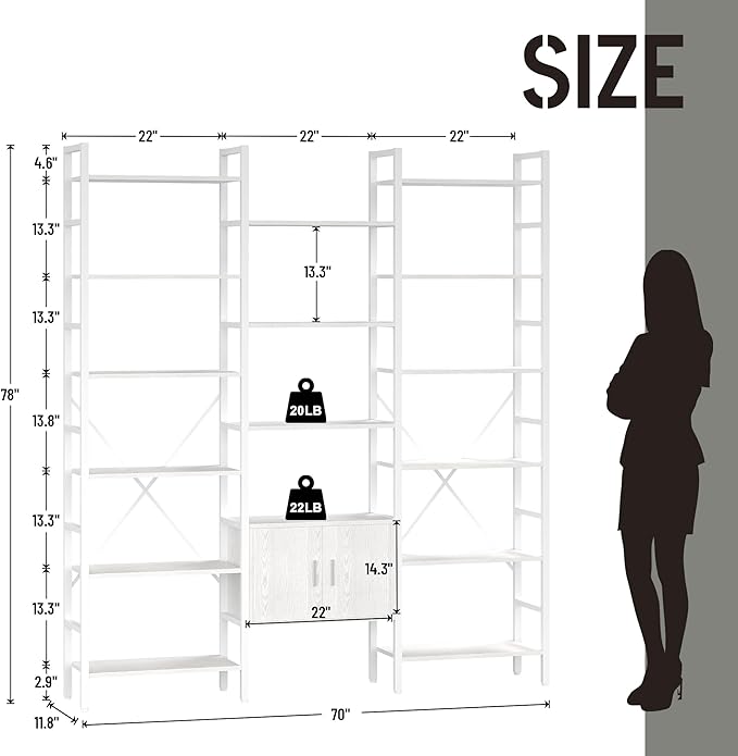 70x78 “ Triple 6 Tier Book Shelf, Industrial Large Bookcase with Storage Cabinet, Tall Bookshelf with 16 Open Display Shelves Metal Frame Furniture for Living Room Bedroom Home Office White-CasaMuseHome