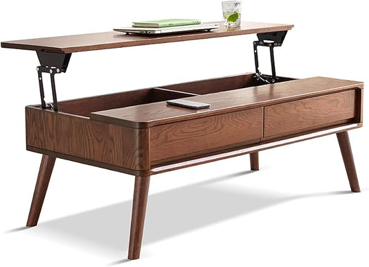 100% Solid Wood Lift Top Coffee Table for Living Room, Mid Century Modern Tables with Drawers and Large Storage, Oak Wood Coffee Tables for Small Spaces (Oak Walnut Color, 47.24"W x 23.62"D x 25.59"H)-CasaMuseHome